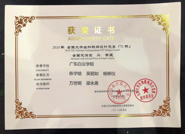 获2018年全国大学生物联网设计竞赛（TI杯）二等奖